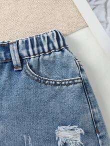 SHEIN Tween Girls' Light Blue Distressed Frayed Elastic Waist Simple Casual Washed Denim Shorts - Baby Blue - View 4