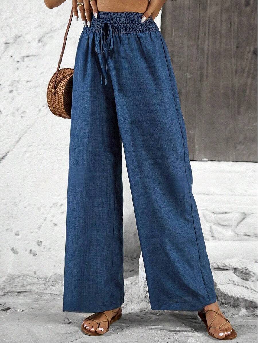 Women's Solid Color Pants With Super String Belt - Blue - View 1