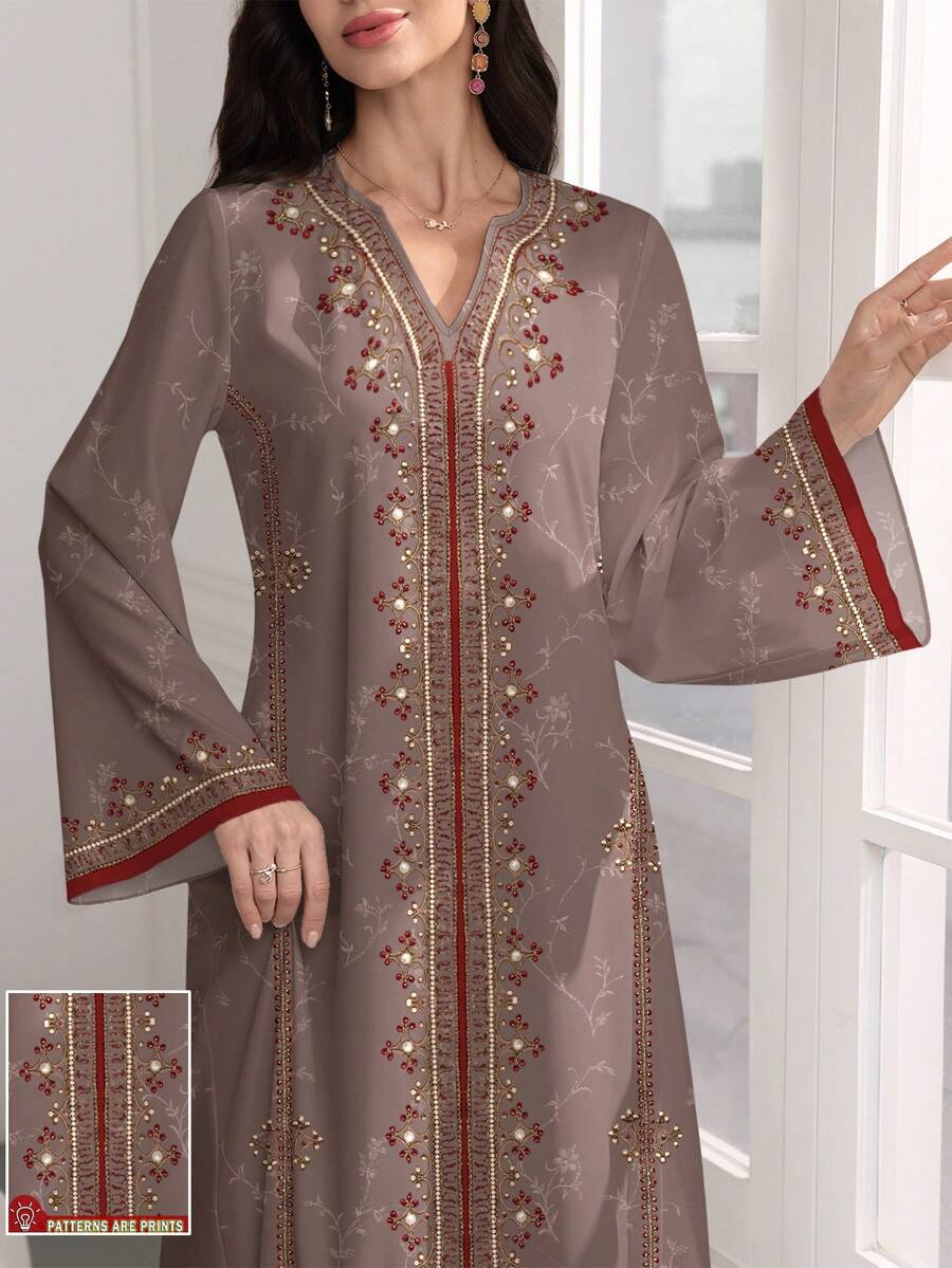 SHEIN Najma Women's Floral Print V-Neck Long Sleeve Elegant Arabic Style Maxi Dress, Spring/Autumn - Multicolor - View 1