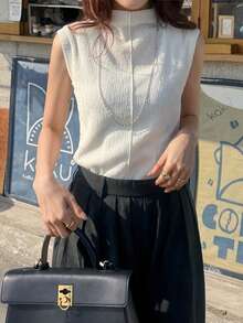 FRIFUL Damen Rollkragen ärmelloses Lässig City Tank Top mit strukturiertem Stoff Dekor - Aprikosenfarben - Übersicht 2