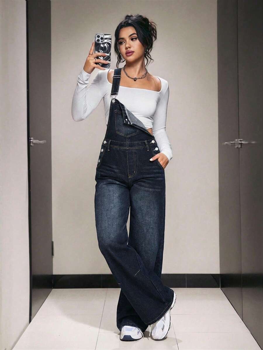 SHEIN PETITE Quần yếm denim màu xanh đậm, kiểu dáng thường ngày dành cho nữ, thích hợp mặc đi làm, phong cách đường phố sinh viên. - Rửa tối - Xem 1