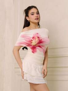 Criza Taa 女士优雅花卉印花不对称领口褶饰上衣 - 杏色 - 查看 4