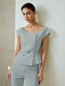 MOTF PREMIUM ELEGANT & FASHIONABLE DOUBLE-BREASTED COMMUTER BLOUSE - Blue - View 7