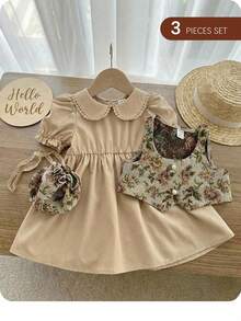 SHEIN مجموعة قطعتين تتكون من فستان بياقة دمية وسترة طفلة ذات طراز نباتي عتيق - متعدد الألوان - مشاهدة 9