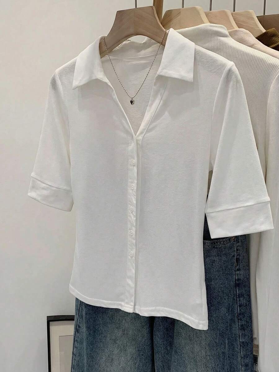 Franclia 女士白色翻领V领七分袖修身纽扣衬衫 - 弹力柔软针织面料，透气轻盈，舒适百搭，适合休闲、工作、办公室、日常约会、商务场合，2026春夏必备单品 - 白色 - 查看 1