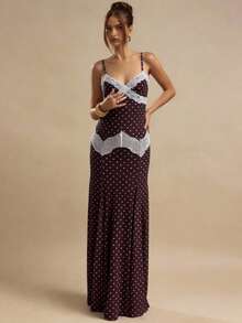 SHEIN BAE Đầm không tay phối ren chấm bi thanh lịch dành cho nữ, thích hợp cho mùa hè. - màu nâu - Xem 4