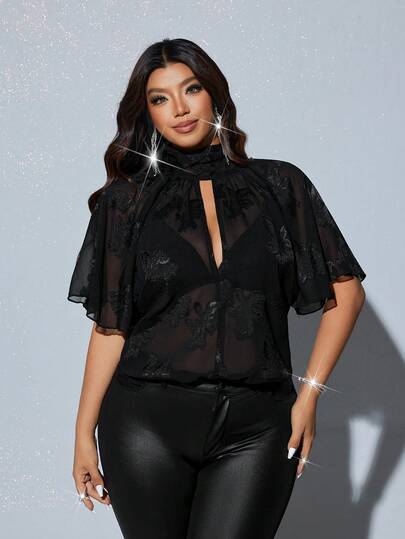 Viva Relle 大码女式提花雪纺透视性感短袖上衣