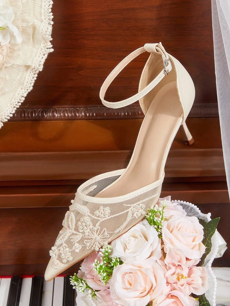 CUCCOO HITCHD Women Shoes Spring And Summer New Pearl Embroidery Pointed Toe Thin Heel Buckle 6.5cm Women's High Heel Shoes Elegant Mesh Splicing Solid Color Commuter Dating Wedding Bridesmaid Shoes