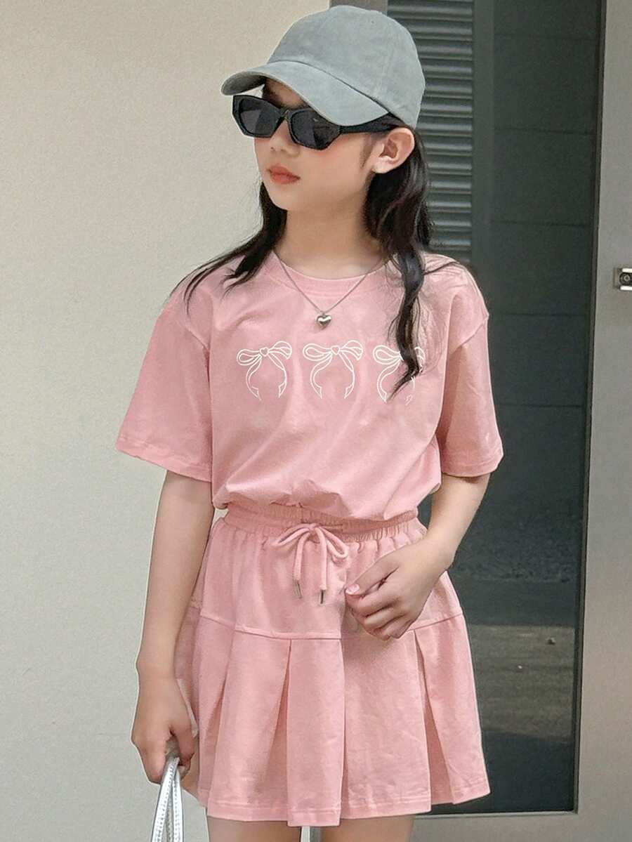 Dazy Kids 少女蝴蝶结印花圆领短袖T恤搭配抽绳腰迷你裙休闲套装（夏季款） - 粉色 - 查看 1
