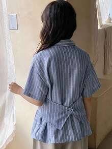 DAZY Chemise tissée à manches longues avec col rabattu et rayures pour préadolescentes - Bleu azur - Voir 2