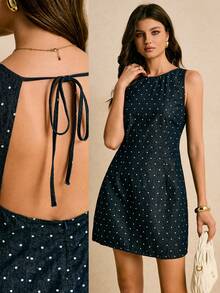 Poéselle Women's Fashion Polka Dot Print Denim Backless Tie Strap Dress Lace Up Dress Polka Dot Dress Women Backless Sundress Open Back Summer Dress Tie Back Dress  Valentines Day Outfit - Multicolor - View 1