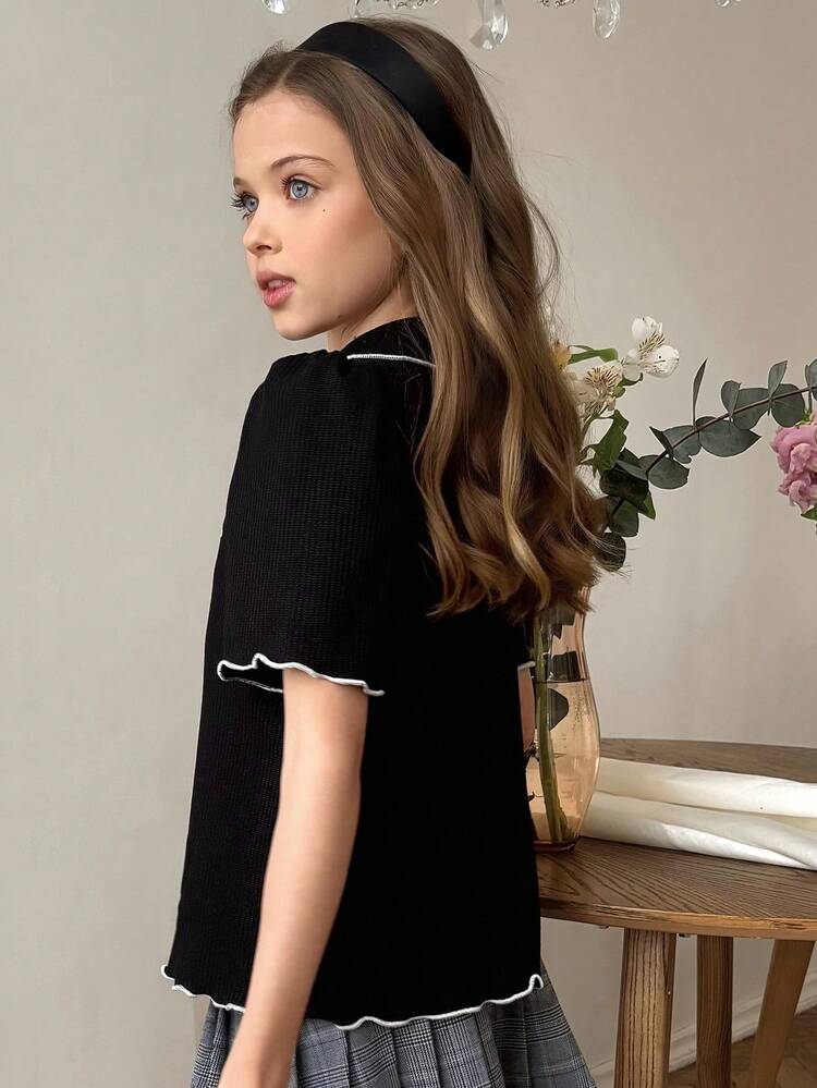 Tween Girls' Casual Everyday Commute Vacation Butterfly Print Contrast Binding Lettuce Trim Puff Sleeve T-Shirt, Summer