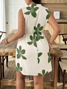 SHEIN LUNE Schwarz-Weiß bedrucktes Kleid in Große Größen - ärmelloser V-Ausschnitt, taillenbetonter A-Linie Mini, Boho-Stil für Urlaub/Lässig/Streetwear (Frühling & Sommer) - Verschiedenfarbig - Übersicht 2