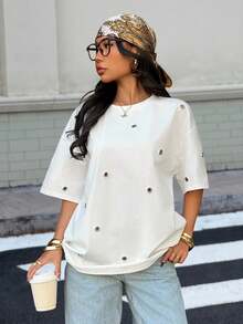 Muchica 女士夏季新款白色镂空设计宽松圆领短袖T恤 - 白色 - 查看 1