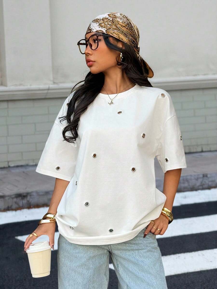 Muchica 女士夏季新款白色镂空设计宽松圆领短袖T恤 - 白色 - 查看 1