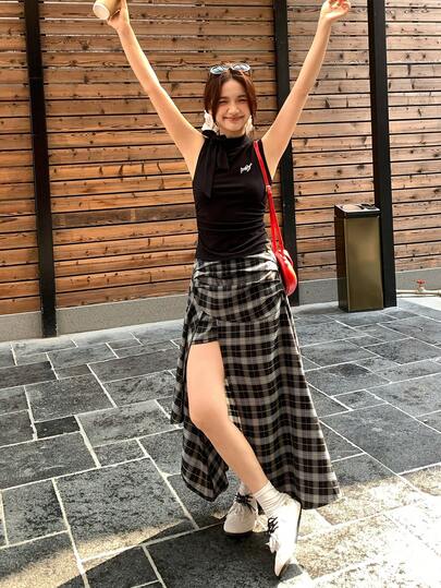 DAZY 女士格子裙+蝴蝶结针织吊带背心套装 夏季休闲套装 女士短款套装