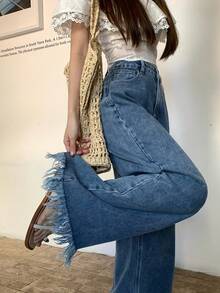 DAZY Women's Frayed Hem Korean Style Washed Casual Flare Leg Jeans - Blue - View 7