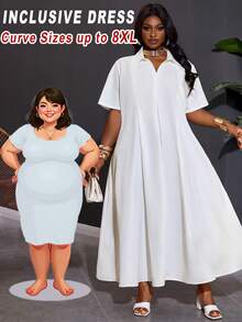 SHEIN CURVE+ Curve 尺码 US22 音乐节、海滨度假、波西米亚风夏季新品 休闲通勤纯白色宽松短袖V领褶皱A字长款衬衫裙 - 白色 - 查看 1