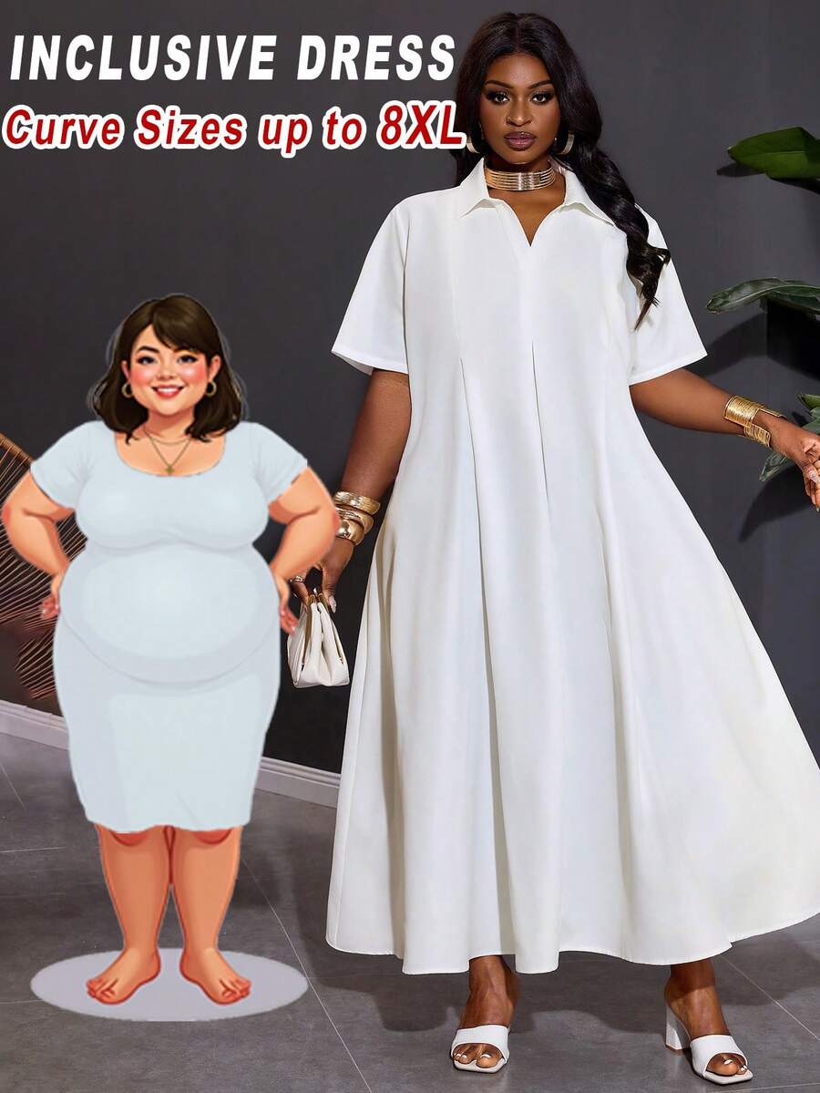 SHEIN CURVE+ Curve 尺码 US22 音乐节、海滨度假、波西米亚风夏季新品 休闲通勤纯白色宽松短袖V领褶皱A字长款衬衫裙 - 白色 - 查看 1