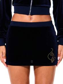 BABYPHAT Luxury Velour Mini Skirt With Gold Embroidered Cat Logo Detail Ribbed Waistband Fall Winter Fashion - Blue - View 2