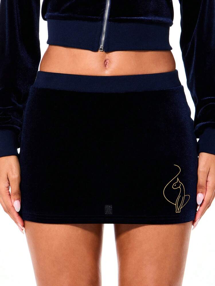 BABYPHAT Luxury Velour Mini Skirt With Gold Embroidered Cat Logo Detail Ribbed Waistband Fall Winter Fashion