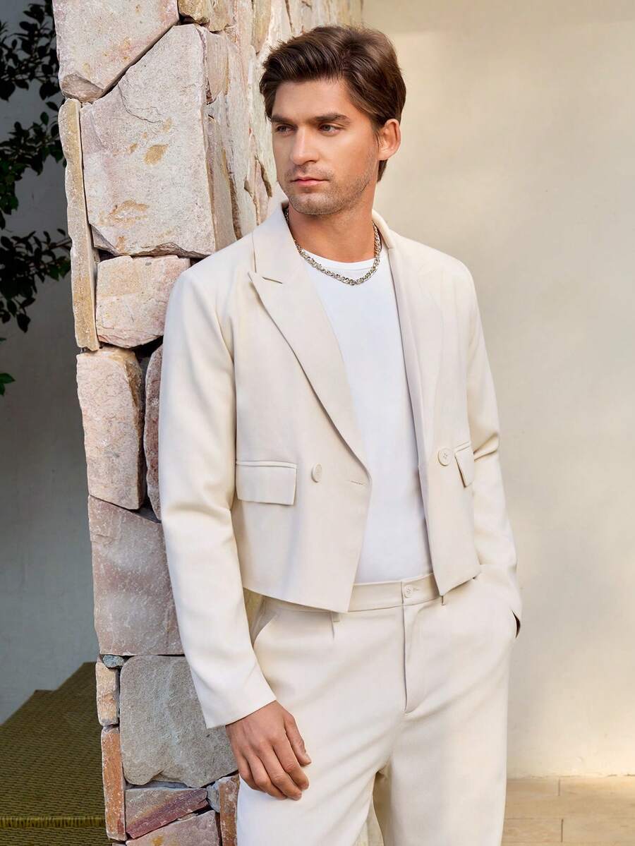 Manfinity CityGents 男士时尚双排扣翻领西装裤套装 - 米色 - 查看 1