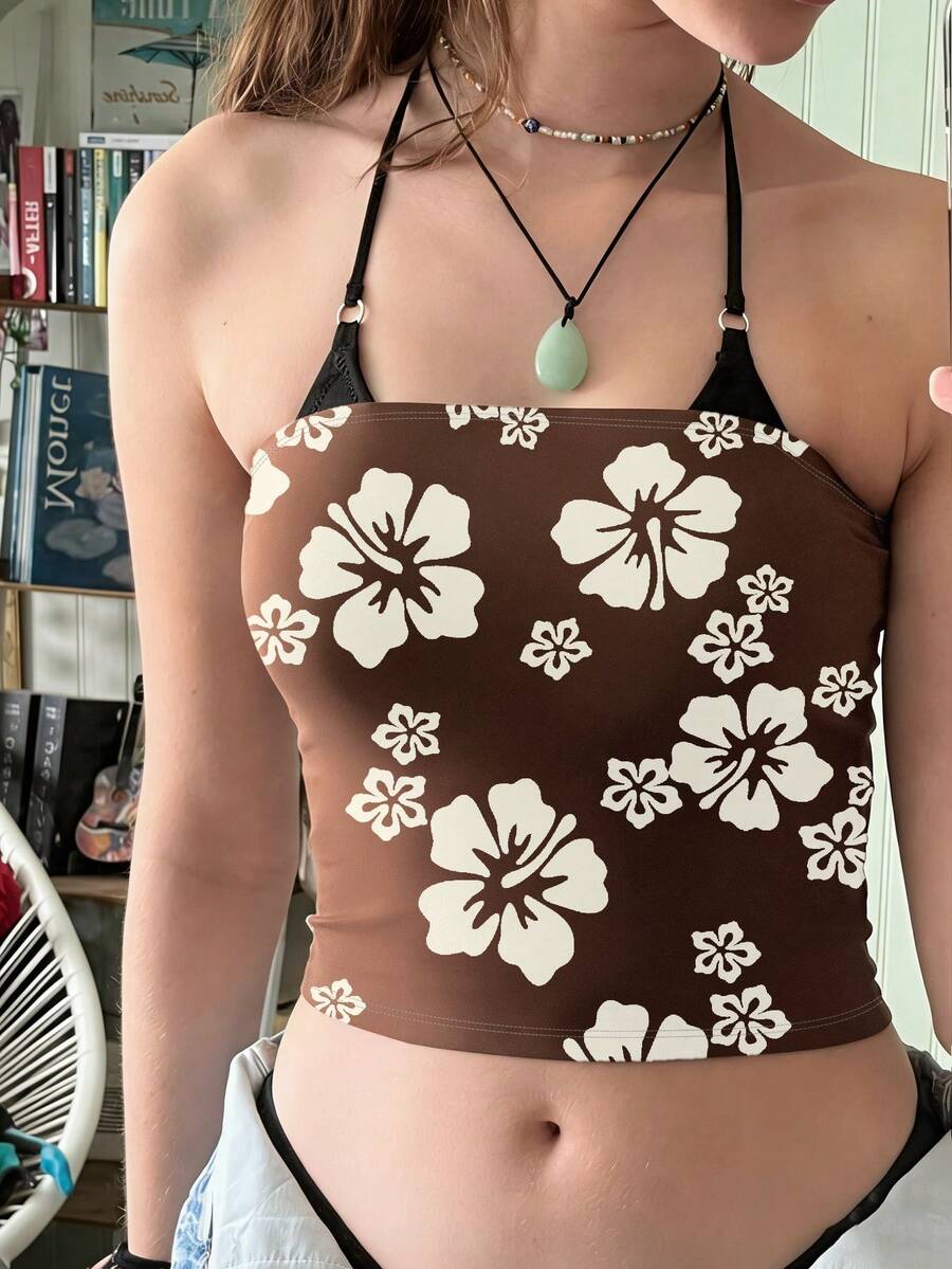 Sundraya 这款棕色印花女士休闲无肩带露脐上衣非常适合夏季度假、海岛风情和日常穿着。它展现了一种波西米亚风格。 - 彩色 - 查看 1