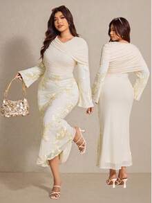 Elaquor Damen Große Größen Jacquard gerafftes langärmliges figurbetontes elegantes Kleid - Aprikosenfarben - Übersicht 1