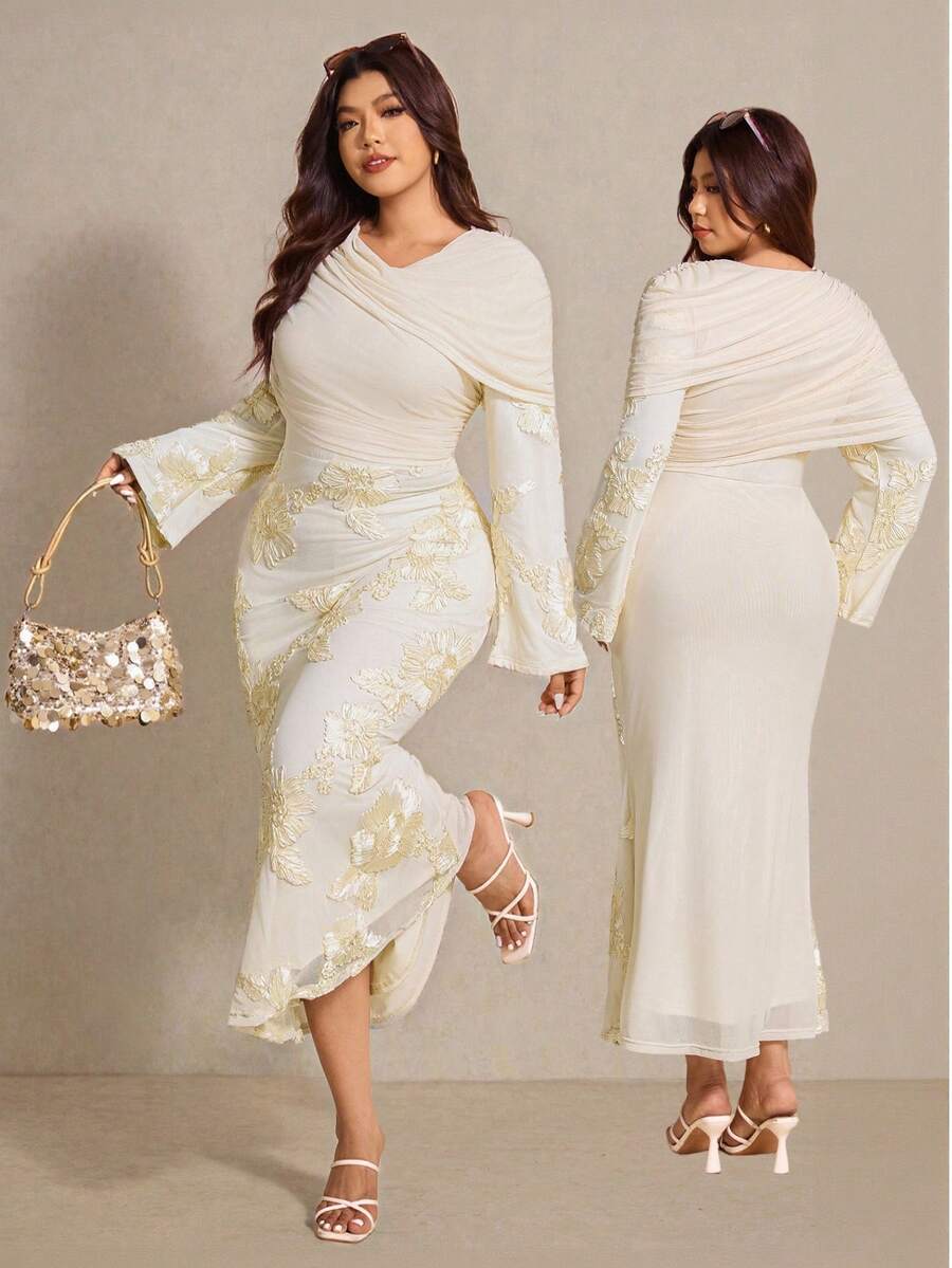 Elaquor Damen Große Größen Jacquard gerafftes langärmliges figurbetontes elegantes Kleid - Aprikosenfarben - Übersicht 1