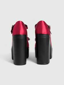 ROMWE Kawaii 女士时尚、优雅、性感厚底高跟鞋；哥特朋克风格纯色T字带圆头鞋，饰有蝴蝶结，非常适合度假、派对、通勤和约会。 - 酒紅色 - 查看 4