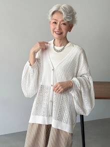 FRIFUL Women's Solid Color V-Neck Single-Breasted Hollow Casual Versatile Lightweight Cardigan For Daily Wear - White - View 4