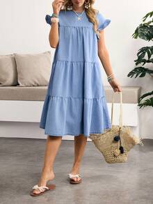 Breezaya Women's Casual Ruffled Hem Denim Dress, Summer - Blue - View 7