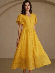 Aveloria Rosie Elegant Women's French Luxury Embroidered Mesh Cap Sleeve A-Line Mini Dress - Yellow - View 1