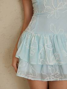 Aveloria Rosie New Arrival Round Neck French Romantic Embroidered Floral Layered Cake Hem Fitted A-Line Dress, Sweet & Elegant For Spring/Summer Dates And Parties - Blue - View 3