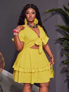 Slaydiva Plus Size Women's Mustard Yellow Summer Boho Vacation Holiday Fitted Ruffle Trim Chest Tie Front A-Line Mini Dress,Woven Textured Fabric - Yellow - View 5