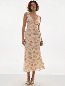 Poéselle Women Multicolor Boho Random Floral Print Long Tank Dress With Deep V Neck And Flared Hem Sleeveless Ruffle Details - Multicolor - View 5