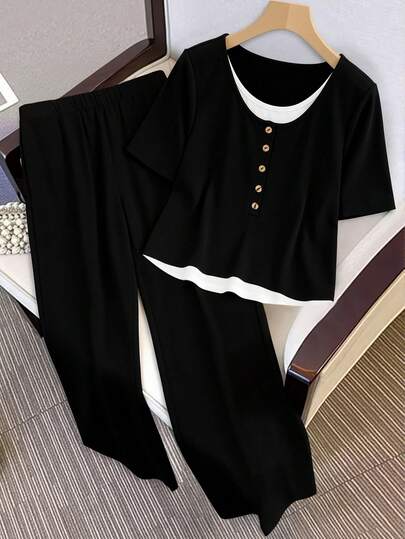 GlowEve CURVE 大码女式纽扣设计二合一短袖T恤和裤子休闲两件套