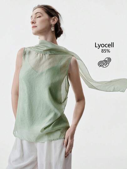 Aalyst 女士春夏轻薄透明披肩围巾套装，优雅时尚，适合外出、度假、婚礼、职场、浪漫、休闲等场合，两件套，含无袖上衣，浅绿色