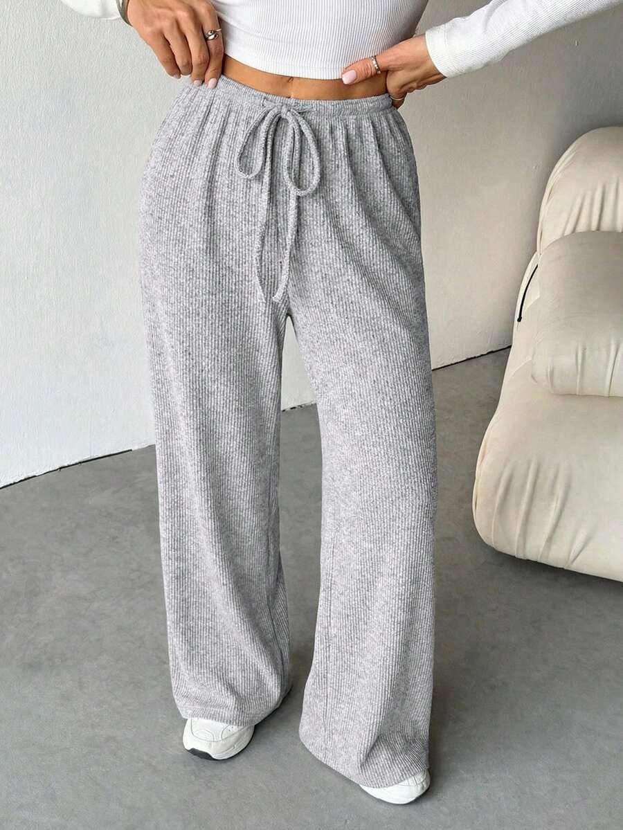 SHEIN Tall Quần ống rộng nữ chất liệu gân, mềm mại, thích hợp cho mùa thu/đông. - Xám - Xem 1