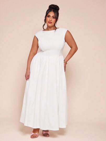 SHEIN BAE 大码女式纯色圆领蝙蝠袖优雅连衣裙