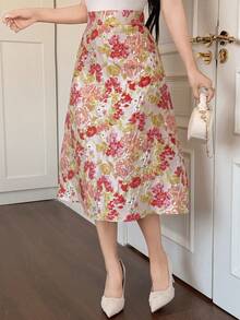 DAZY High-End French Regal Style Metallic Jacquard High Waist A-Line Skirt For Women - Red - View 5