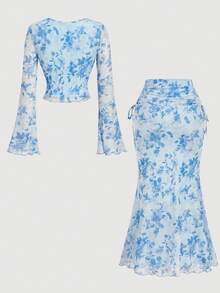 SHEIN MOD 两件套女士优雅印花喇叭袖上衣和鱼尾裙套装 - 藍色 - 查看 2