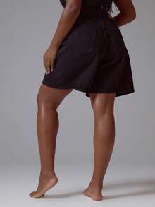 MUSERA Plus Size Mid Rise Relaxed Fit Black Longline Denim Jorts Spring Summer Elegant Cute Vacation Casual Everyday Core Denim - Black - View 4