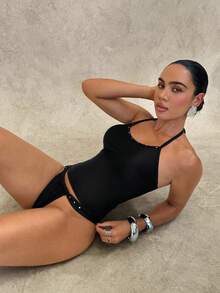 Swim Glamine Women's Solid Color Rivet Decor Halter Backless Top And Triangle Bottoms Tankini Set - Black - View 7