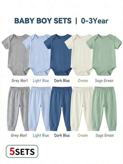 10pcs/Set Newborn Infant Baby Boys Soft Solid Color Knitted Bodysuit With Round Neck Short Sleeve Bodysuit And Elastic Waist Long Pants, Neutral Summer 10-Piece Set, Infant & Pants Set, Baby Casual Outfit, Unisex Newborn Clothing Set, 0-3 Years Neutral Baby Clothes Unisex Baby Clothes Baby Short Sleeve Romper Baby Casual Romper