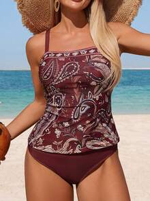 Swim Lushoire Women's Floral, , Cashew Flower Print Fabric Vest, Camisole, Bikini Beach Outfit, Spring/Summer Holiday Wear - Multicolor - View 4
