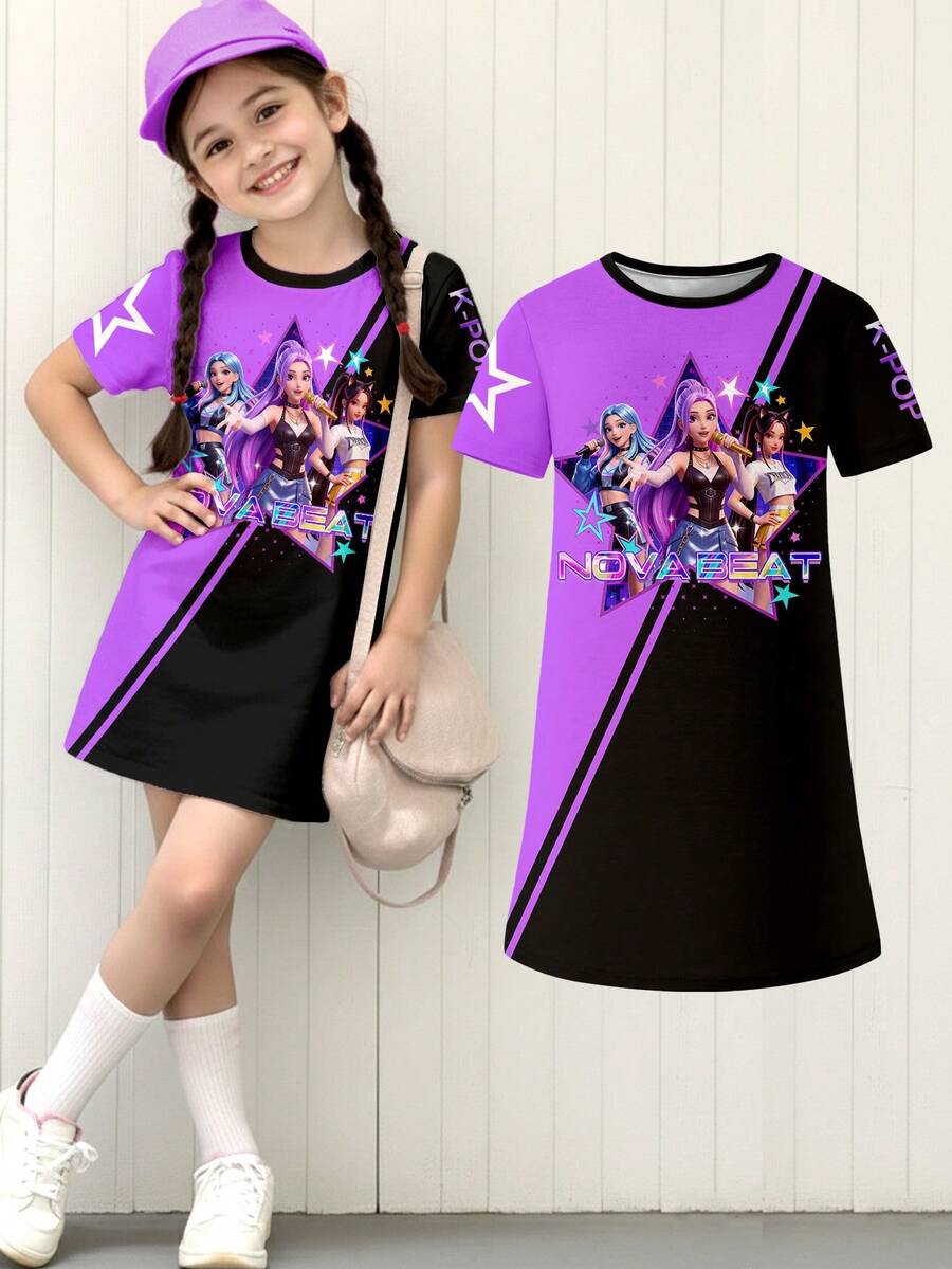 Đầm thun ngắn tay phối màu tím và đen in kỹ thuật số dành cho nhóm nhạc nữ tuổi teen, thời trang thường ngày, phù hợp cho mùa xuân/hè. - Nhiều màu - Xem 1