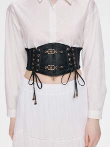 ROMWE Goth 1件装女士黑色蕾丝链条骷髅交叉系带装饰弹力腰带哥特风连衣裙配饰万圣节 - 黑色金配件 - 查看 1