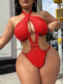 Swim SXY Bộ bikini đi biển mùa hè 2026 dành cho nữ, kiểu dáng thời trang một mảnh với cổ yếm chéo, có gọng nâng ngực, eo mềm mại, khoét lỗ, gợi cảm, trang trí vòng tròn, thích hợp cho tiệc tùng và kỳ nghỉ. - Đỏ - Xem 1