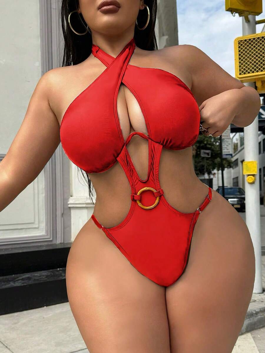 Swim SXY Bộ bikini đi biển mùa hè 2026 dành cho nữ, kiểu dáng thời trang một mảnh với cổ yếm chéo, có gọng nâng ngực, eo mềm mại, khoét lỗ, gợi cảm, trang trí vòng tròn, thích hợp cho tiệc tùng và kỳ nghỉ. - Đỏ - Xem 1